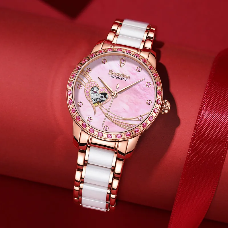 Bestdon Automatic Mechanical Movement Ceramic Strap Watch Women's Watch Mother-of-Pearl Color Watch Dial-5