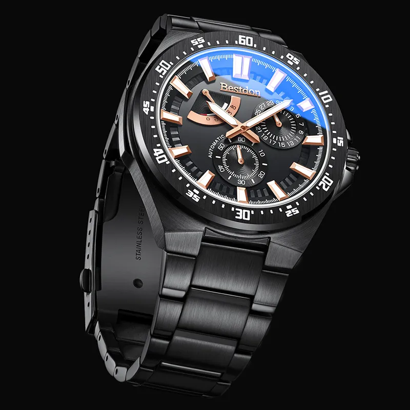 Bestdon Automatic Mechanical Movement Stainless Steel Watchband Men's Watches Blue Dial-12