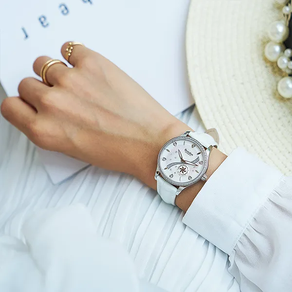 Bestdon Mechanical Movement Genuine Leather Strap Watch Women's Watch White Dial-2