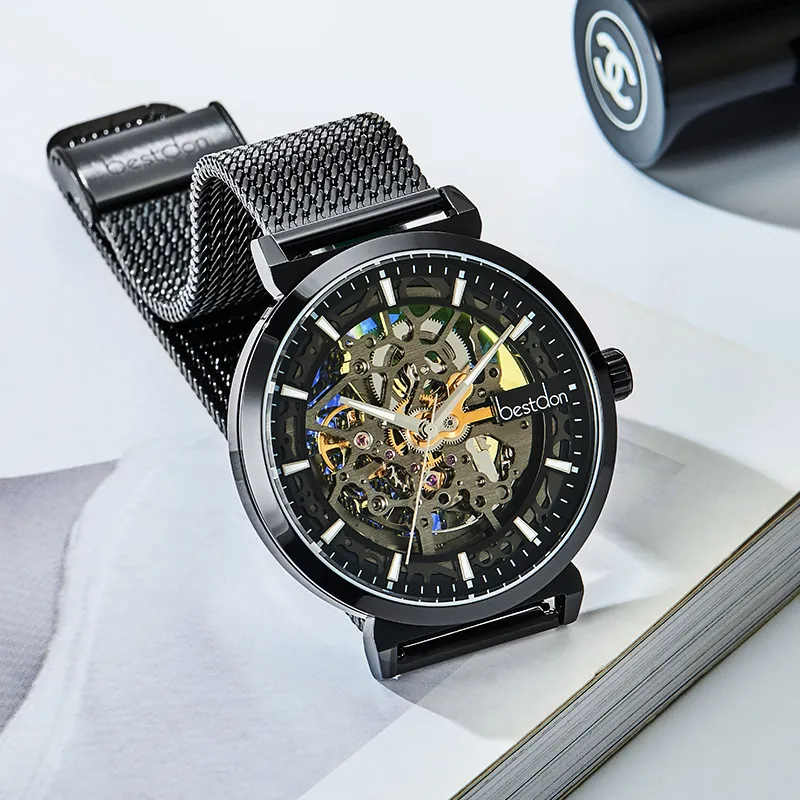 Bestdon Automatic Mechanical Movement Stainless Steel Watchband Men's Watches Black Dial-3