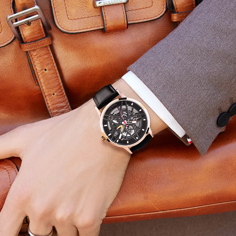 Bestdon Automatic Mechanical Movement Genuine Leather Strap Watch Men's Watches Black Dial-3