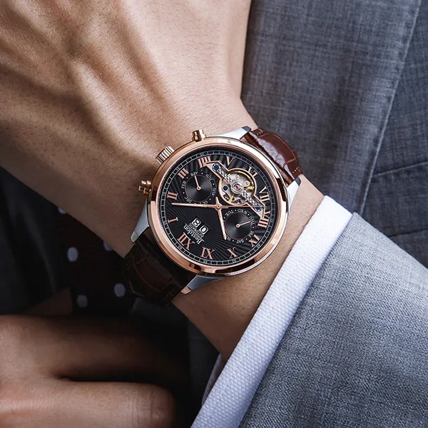 Bestdon Automatic Mechanical Movement Genuine Leather Strap Men's Watches Black Dial-3