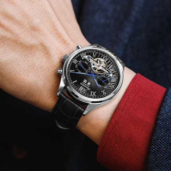 Bestdon Automatic Mechanical Movement Genuine Leather Strap Men's Watches Black Dial-8