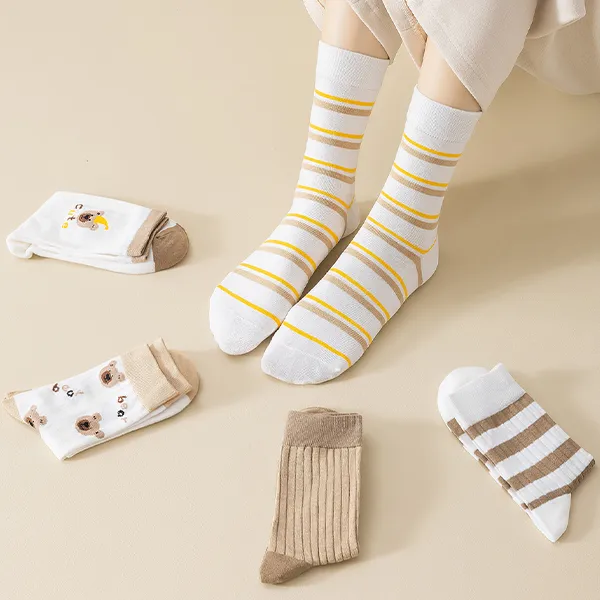 H YXIANG Mid Calf Socks Women's 5 Pack Khaki-4