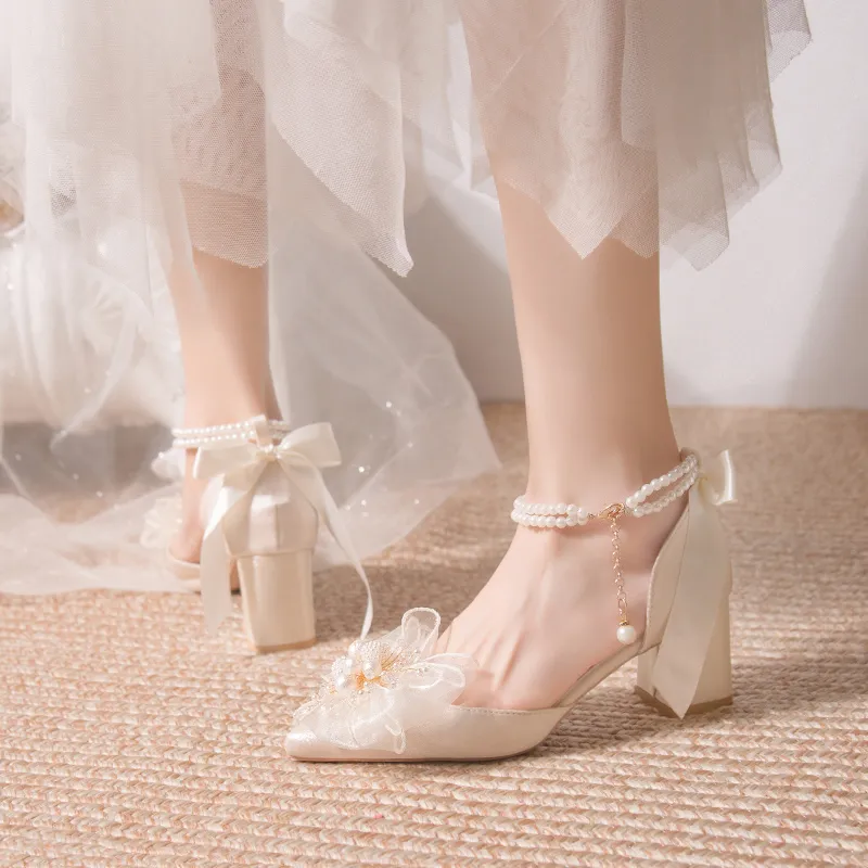 Dawei's House Chunky Heel High Heels Women's Champagne-2