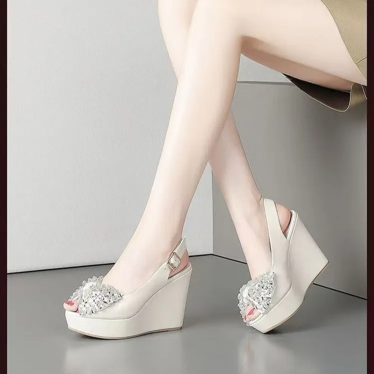 Dawei's House Wedge Heel High Heels Women's Ecru-1