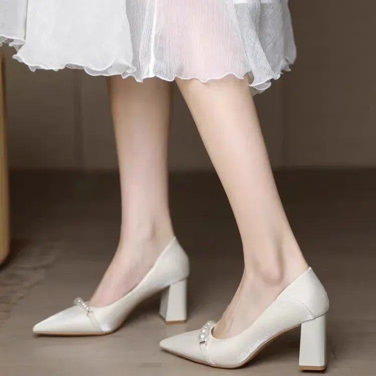 Dawei's House Chunky Heel High Heels Women's Apricot-3