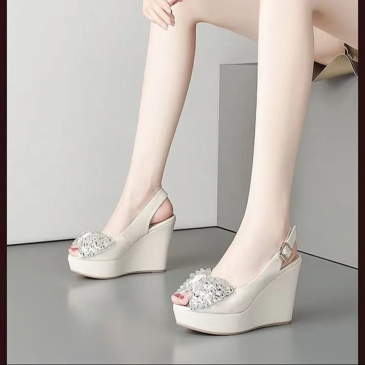 Dawei's House Wedge Heel High Heels Women's Ecru-4
