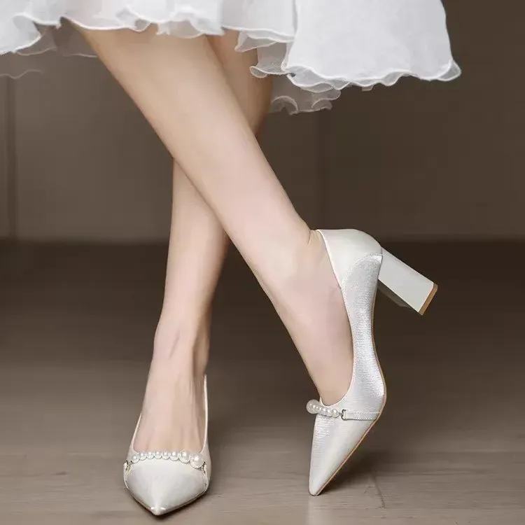 Dawei's House Chunky Heel High Heels Women's Apricot-1