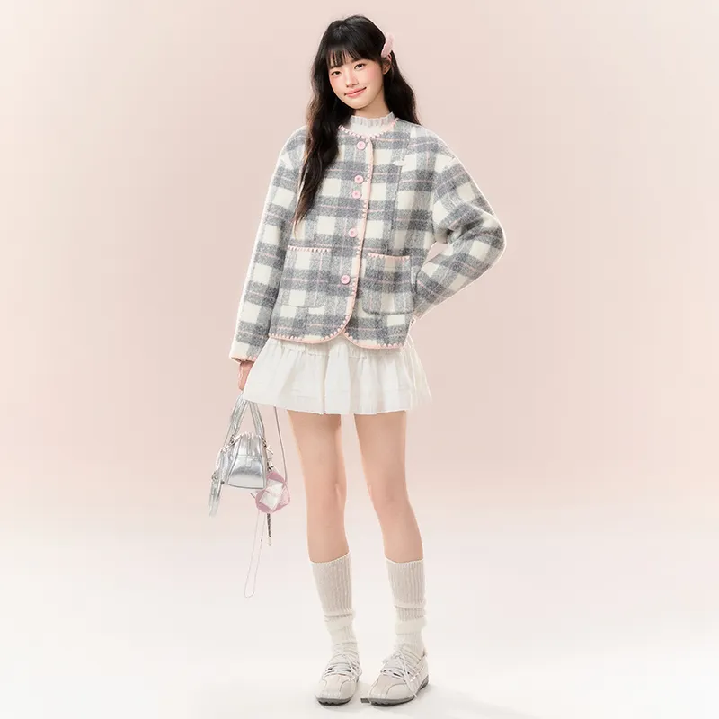 NTOT Velvet-feel Coat Women's Gray Pink-9