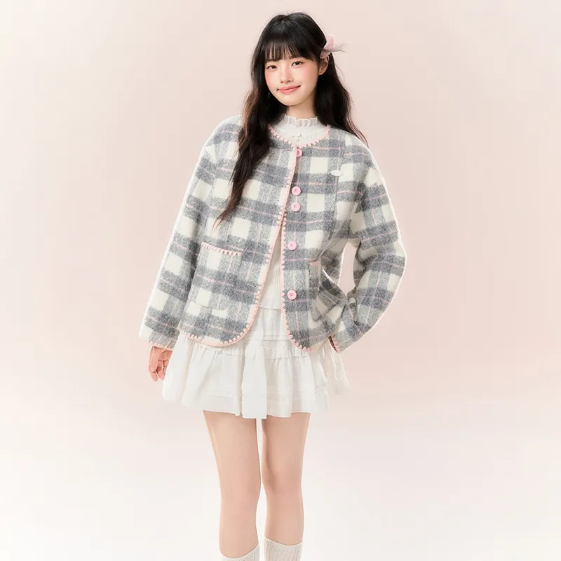 NTOT Velvet-feel Coat Women's Gray Pink-3