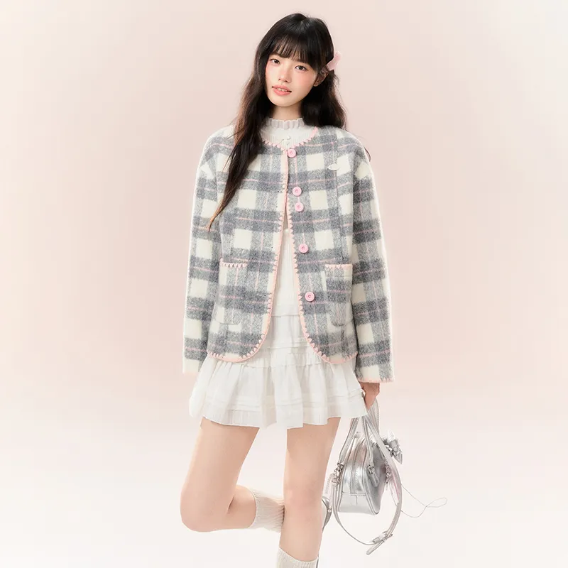 NTOT Velvet-feel Coat Women's Gray Pink-4