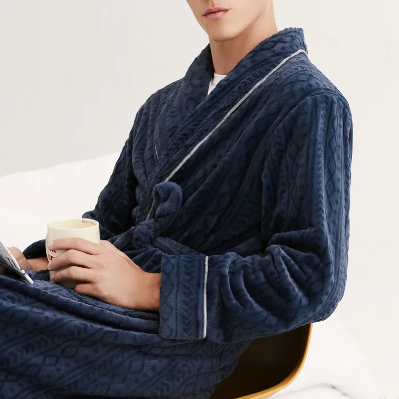 DAERLI Coral Velvet Fall And Winter Pajama Robe Men's Blue-2