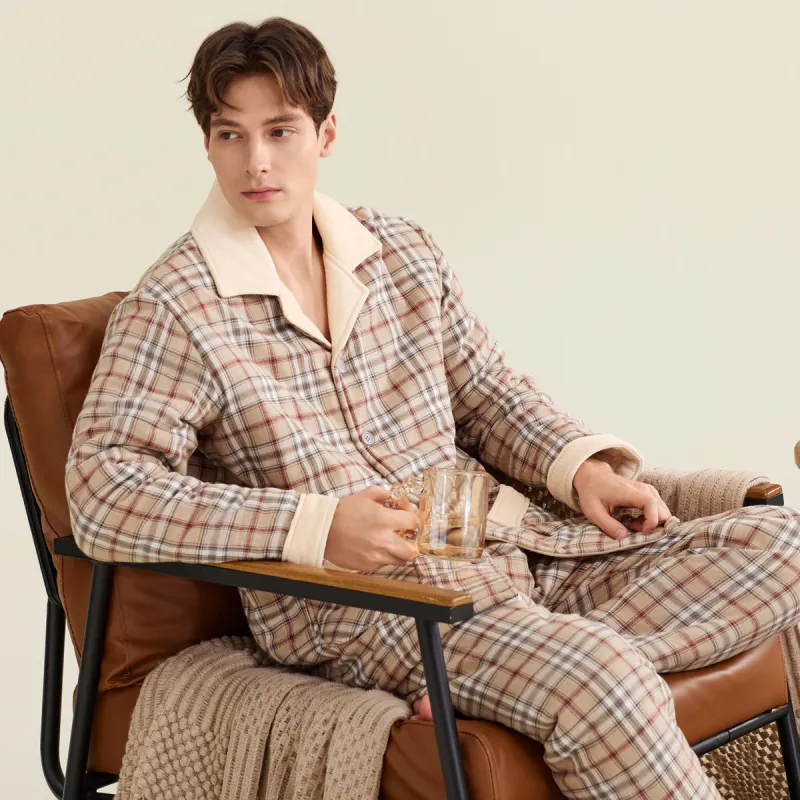 DAERLI Lapel Plaid Cardigan Loungewear Set For Fall And Winter Men's Gray Apricot-1