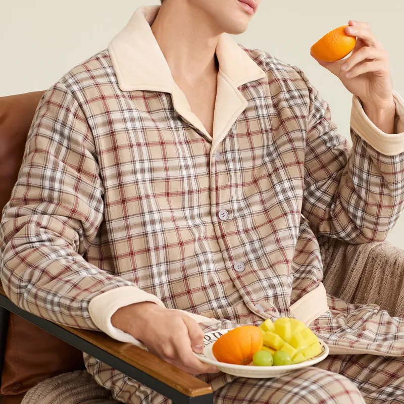 DAERLI Lapel Plaid Cardigan Loungewear Set For Fall And Winter Men's Gray Apricot-5
