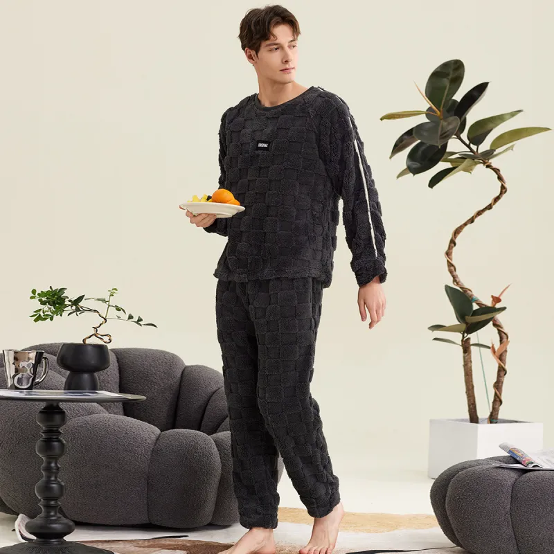 DAERLI Coral Fleece Fleece Lined Flannel Pajama Set Men's Dark Gray-1