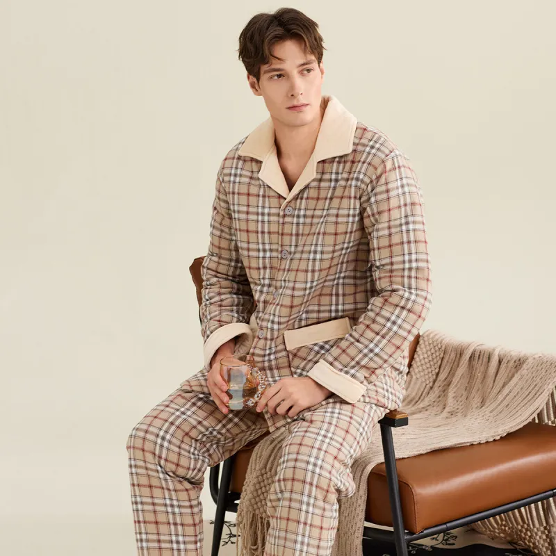 DAERLI Lapel Plaid Cardigan Loungewear Set For Fall And Winter Men's Gray Apricot-2