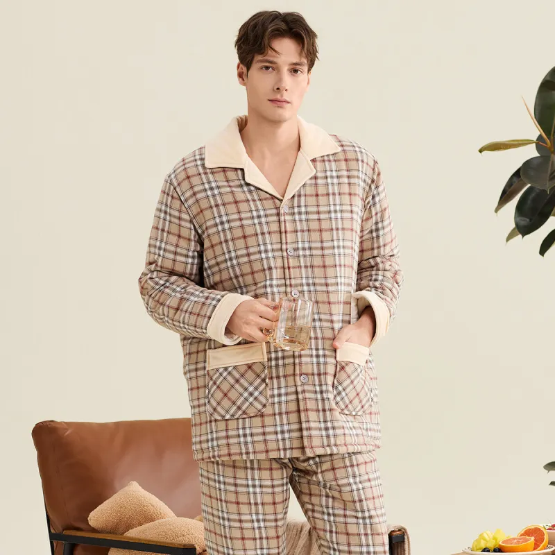 DAERLI Lapel Plaid Cardigan Loungewear Set For Fall And Winter Men's Gray Apricot-4