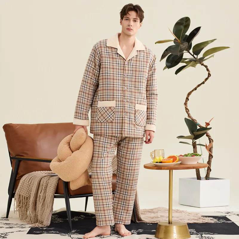 DAERLI Lapel Plaid Cardigan Loungewear Set For Fall And Winter Men's Gray Apricot-3
