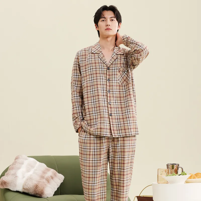DAERLI Plaid Advanced Men's Loungewear Set For Spring And Fall Men's Gray Apricot-4