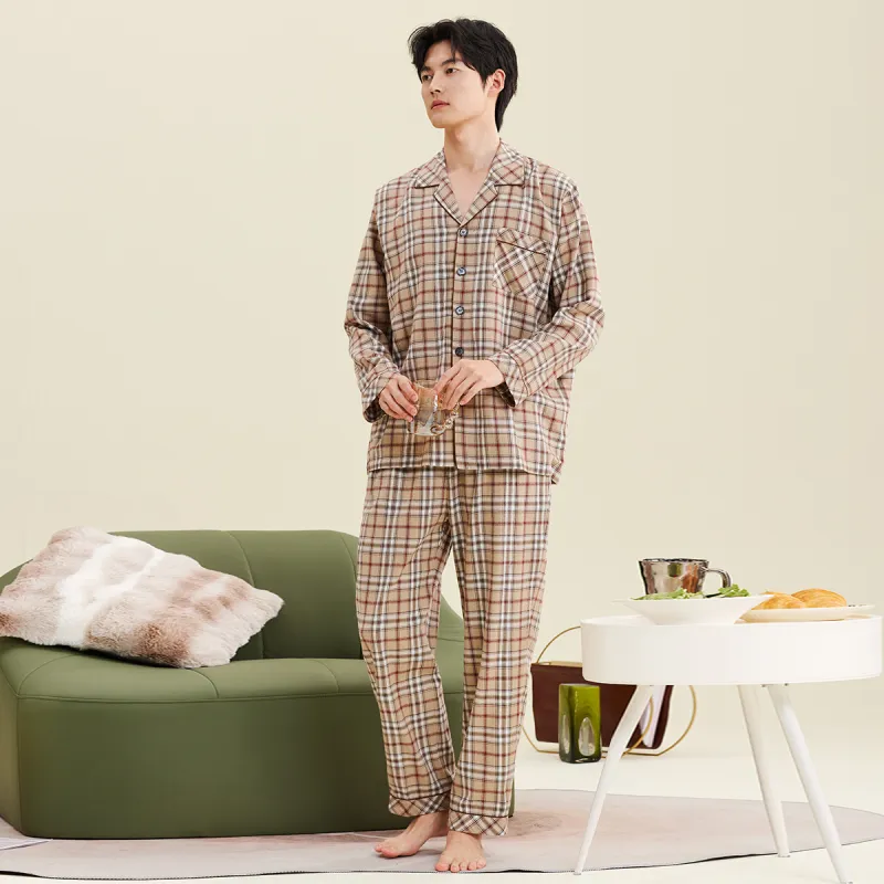 DAERLI Plaid Advanced Men's Loungewear Set For Spring And Fall Men's Gray Apricot-3