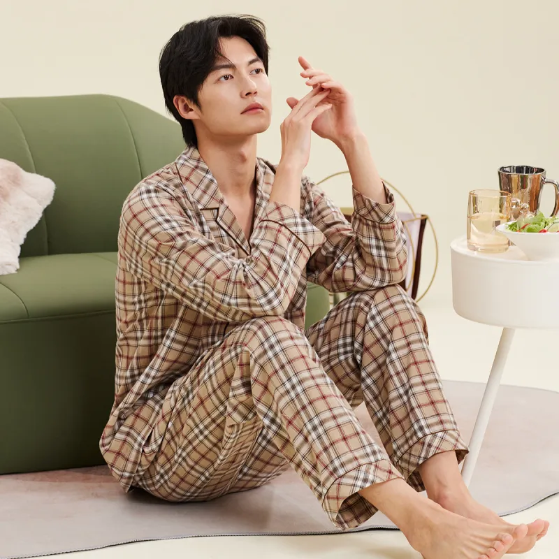 DAERLI Plaid Advanced Men's Loungewear Set For Spring And Fall Men's Gray Apricot-2