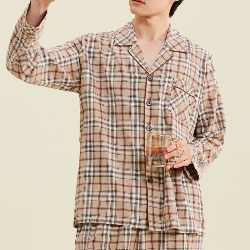 DAERLI Plaid Advanced Men's Loungewear Set For Spring And Fall Men's Gray Apricot-5