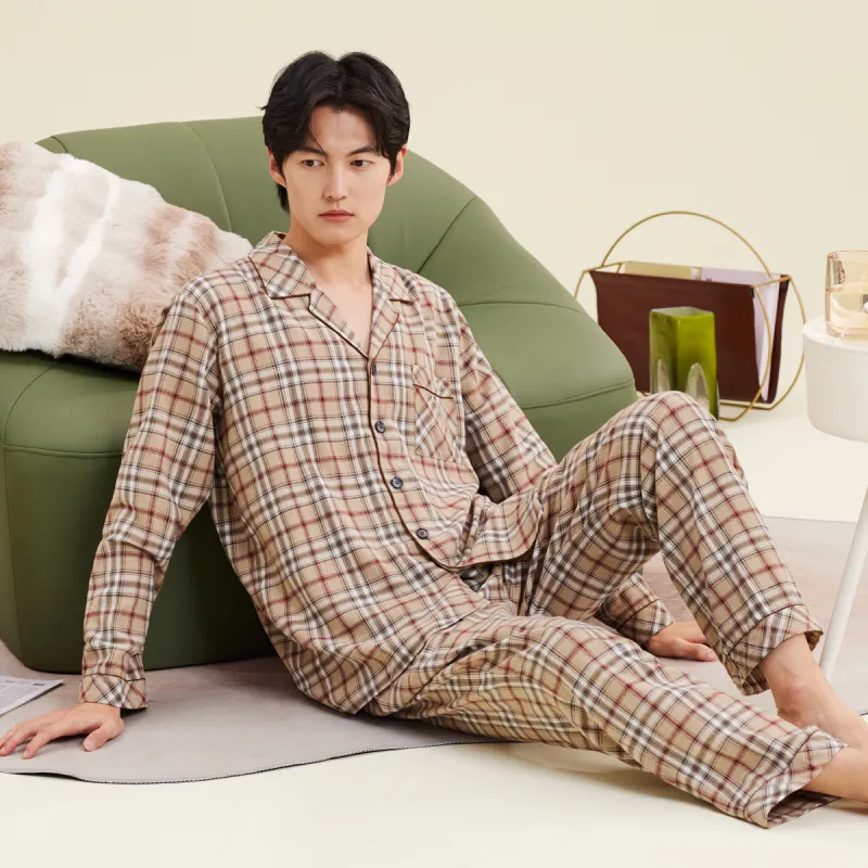 DAERLI Plaid Advanced Men's Loungewear Set For Spring And Fall Men's Gray Apricot-1