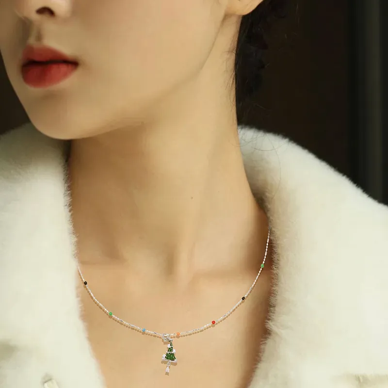 AWE S925 Silver Unique Design Multicolor Beads Snowman Collarbone Chain Women's-1