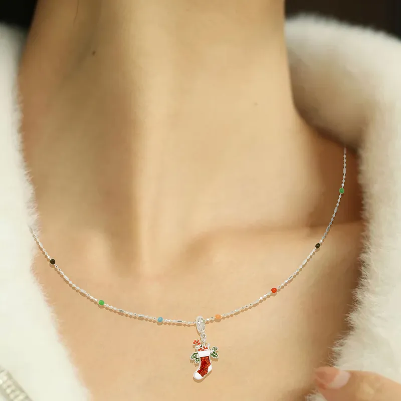 AWE S925 Silver Unique Design Multicolor Beads Snowman Collarbone Chain Women's-7