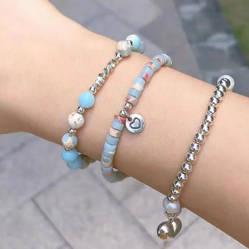 AWE Shoushan Stone Silver Heart Beads Wristband Couple's Bestie Gift Set Jade Bracelet Women's-5