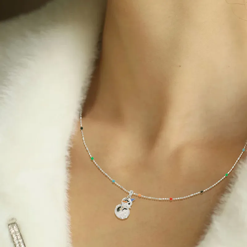 AWE S925 Silver Unique Design Multicolor Beads Snowman Collarbone Chain Women's-9