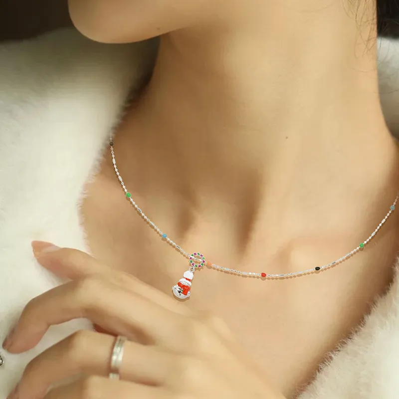 AWE S925 Silver Unique Design Multicolor Beads Snowman Collarbone Chain Women's-3
