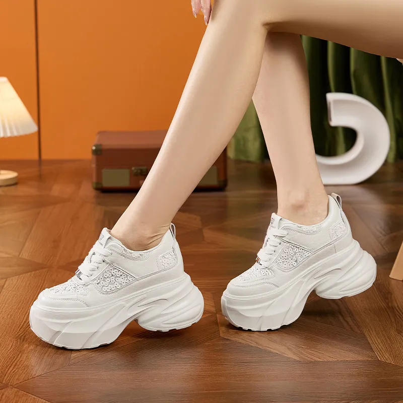Milan Love Song Breathable Lightweight Height Increasing Low Top Chunky Sneakers Women's White-6