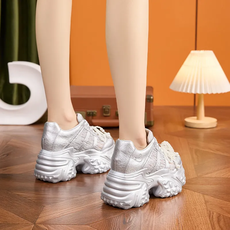 Milan Love Song Breathable Lightweight Height Increasing Low Top Chunky Sneakers Women's Solid Color-6