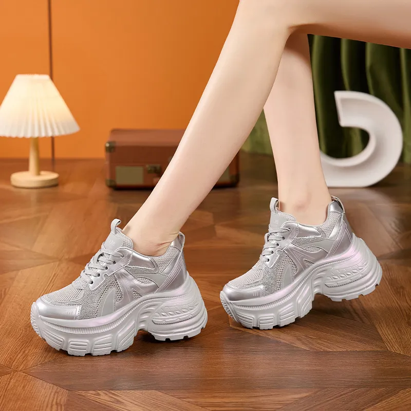 Milan Love Song Mesh Shoes Breathable Lightweight Height Increasing Low Top 8cm Chunky Sneakers Women's Solid Color-6