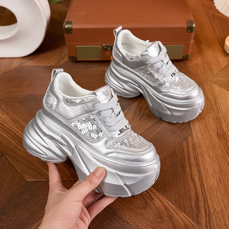 Milan Love Song Breathable Lightweight Height Increasing Low Top Chunky Sneakers Women's White-13