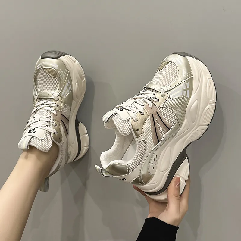 Milan Love Song Height Increasing Wear Resistant Low Top Chunky Sneakers 8cm Women's Gold-3