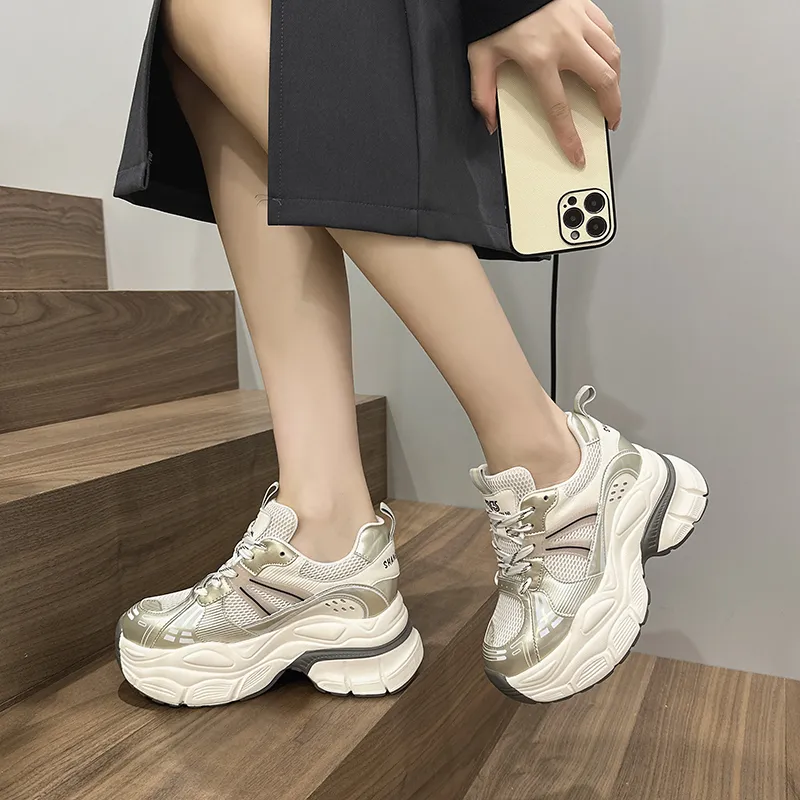 Milan Love Song Height Increasing Wear Resistant Low Top Chunky Sneakers 8cm Women's Gold-2