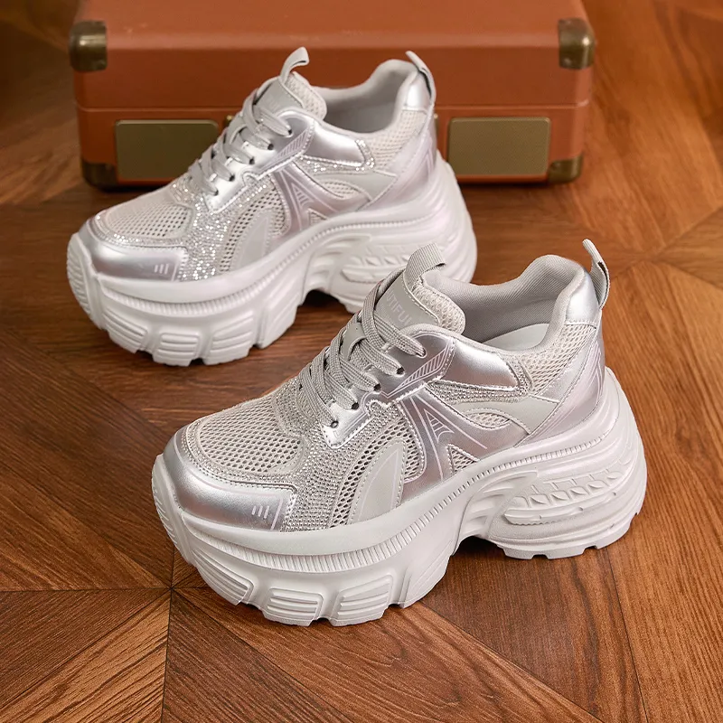 Milan Love Song Mesh Shoes Breathable Lightweight Height Increasing Low Top 8cm Chunky Sneakers Women's Solid Color-3