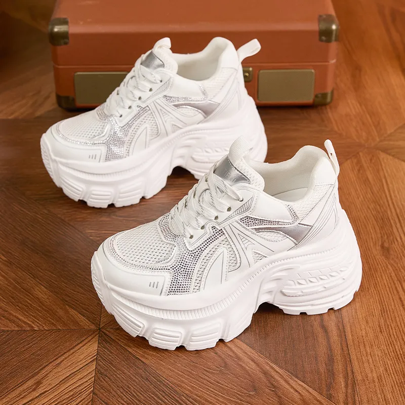 Milan Love Song Mesh Shoes Breathable Lightweight Height Increasing Low Top 8cm Chunky Sneakers Women's Solid Color-11