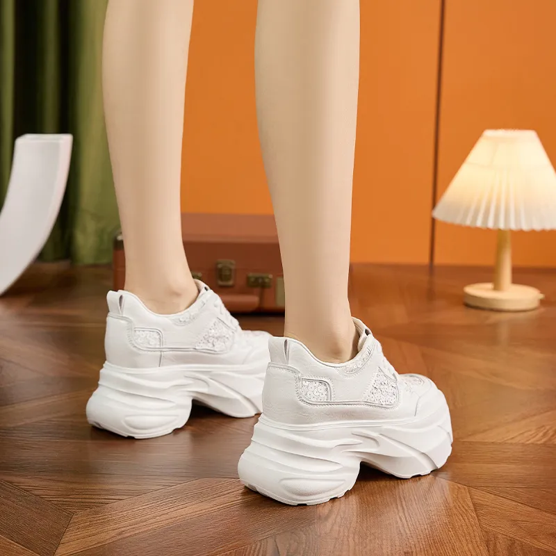 Milan Love Song Breathable Lightweight Height Increasing Low Top Chunky Sneakers Women's White-3