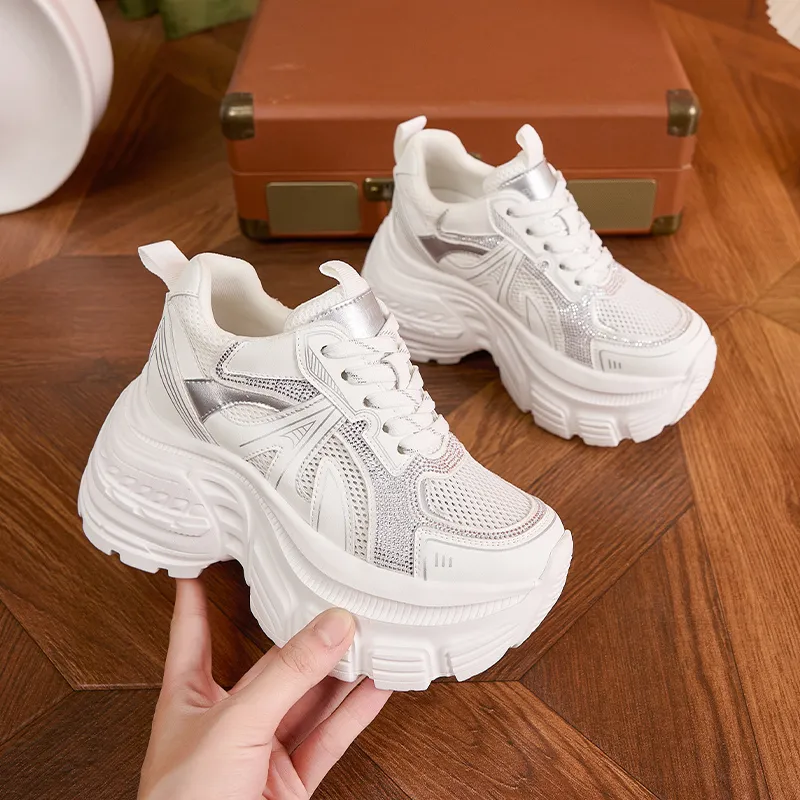 Milan Love Song Mesh Shoes Breathable Lightweight Height Increasing Low Top 8cm Chunky Sneakers Women's Solid Color-8