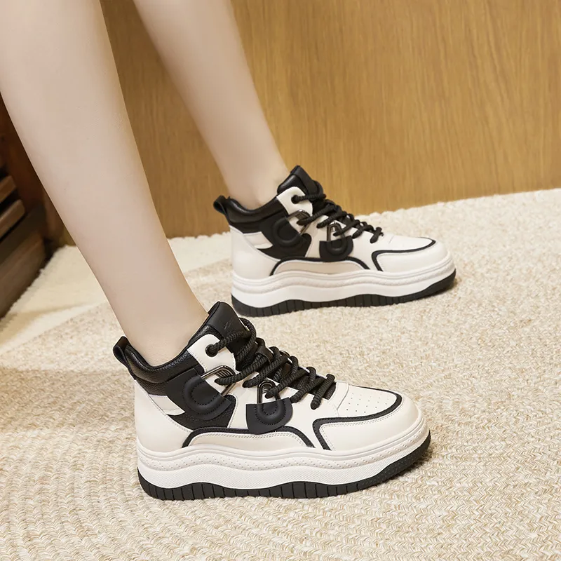 Milan Love Song Wear-Resistant Lightweight Height Increasing High-Top Skateboard Shoes Women's Beige Black-7