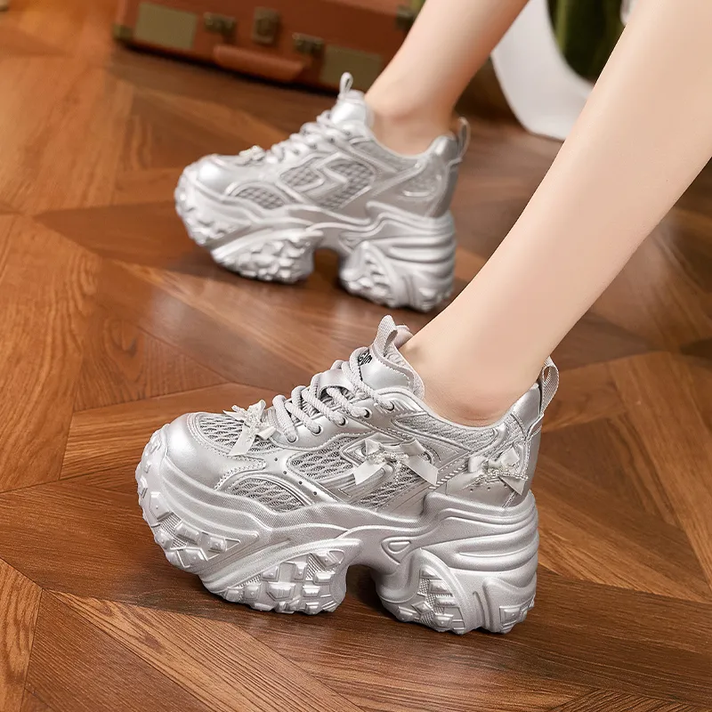 Milan Love Song Breathable Lightweight Height Increasing Low Top Chunky Sneakers Women's Solid Color-12