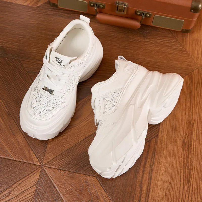 Milan Love Song Breathable Lightweight Height Increasing Low Top Chunky Sneakers Women's White-2