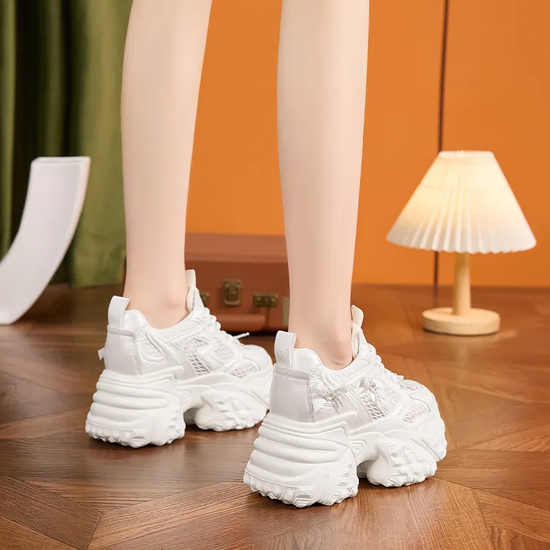 Milan Love Song Breathable Lightweight Height Increasing Low Top Chunky Sneakers Women's Solid Color-2