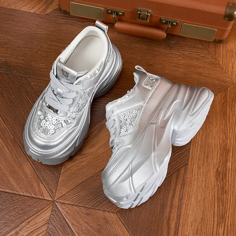 Milan Love Song Breathable Lightweight Height Increasing Low Top Chunky Sneakers Women's White-12
