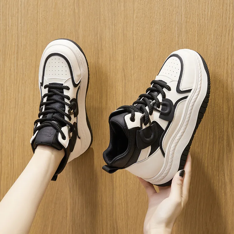 Milan Love Song Wear-Resistant Lightweight Height Increasing High-Top Skateboard Shoes Women's Beige Black-9