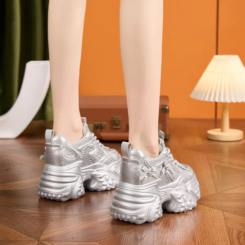 Milan Love Song Breathable Lightweight Height Increasing Low Top Chunky Sneakers Women's Solid Color-9
